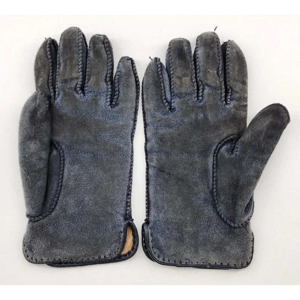 Vintage Grandoe Suede Leather‎ Womens Ladies Blue Lined Gloves Size Large